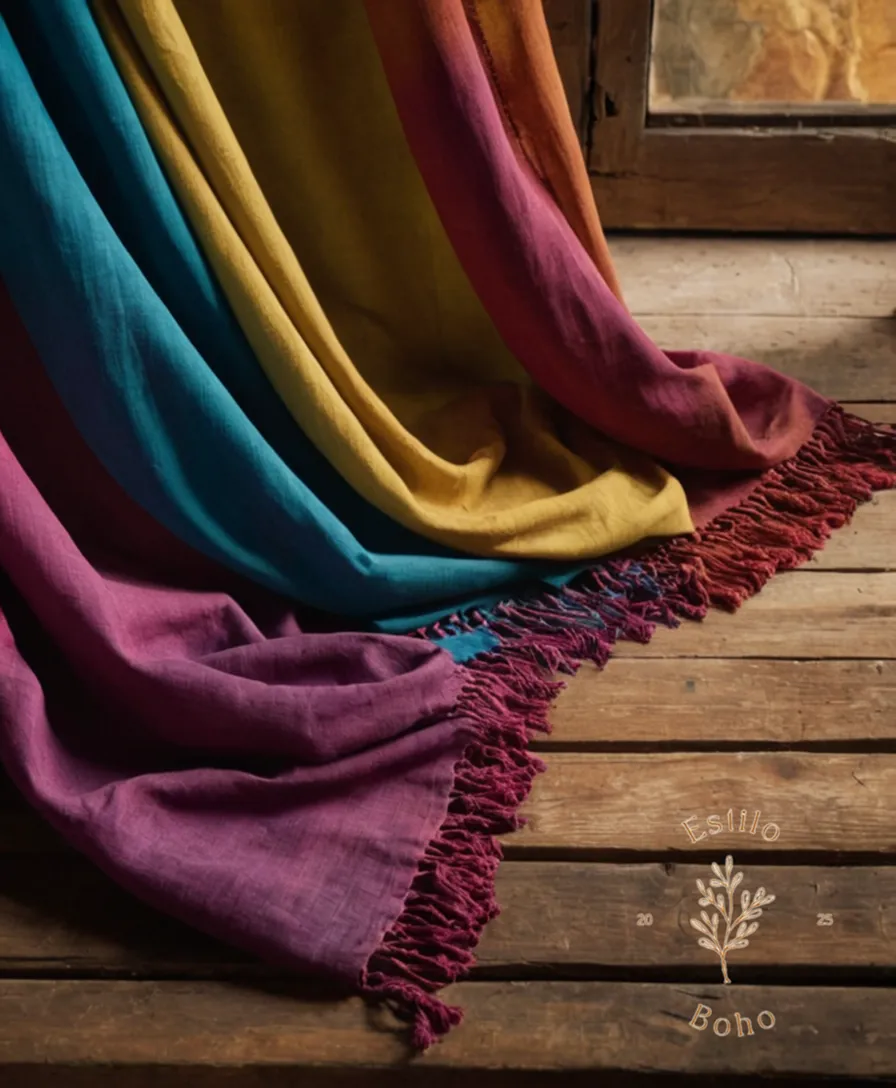 A vibrant, organically-dyed bohemian cotton fabric being draped naturally.
