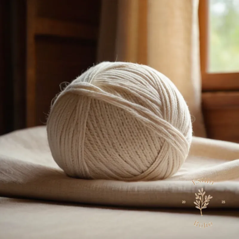A soft, cozy ball of organic cotton on natural fabric background.