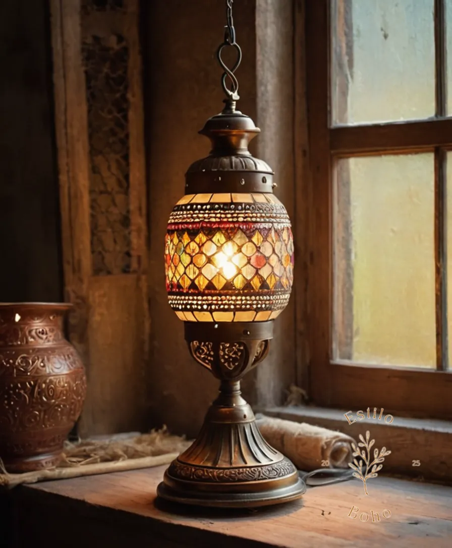 A bohemian-style lamp on a distressed background being repaired.