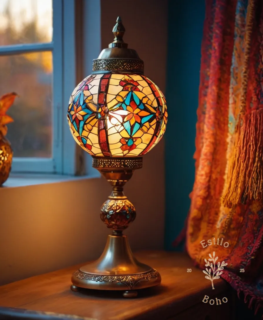 A trendy, restored lamp on a colorful bohemian-style background.