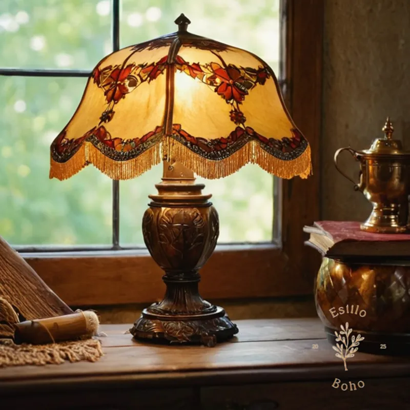 A bohemia-style lamp on furniture with tools for repair.