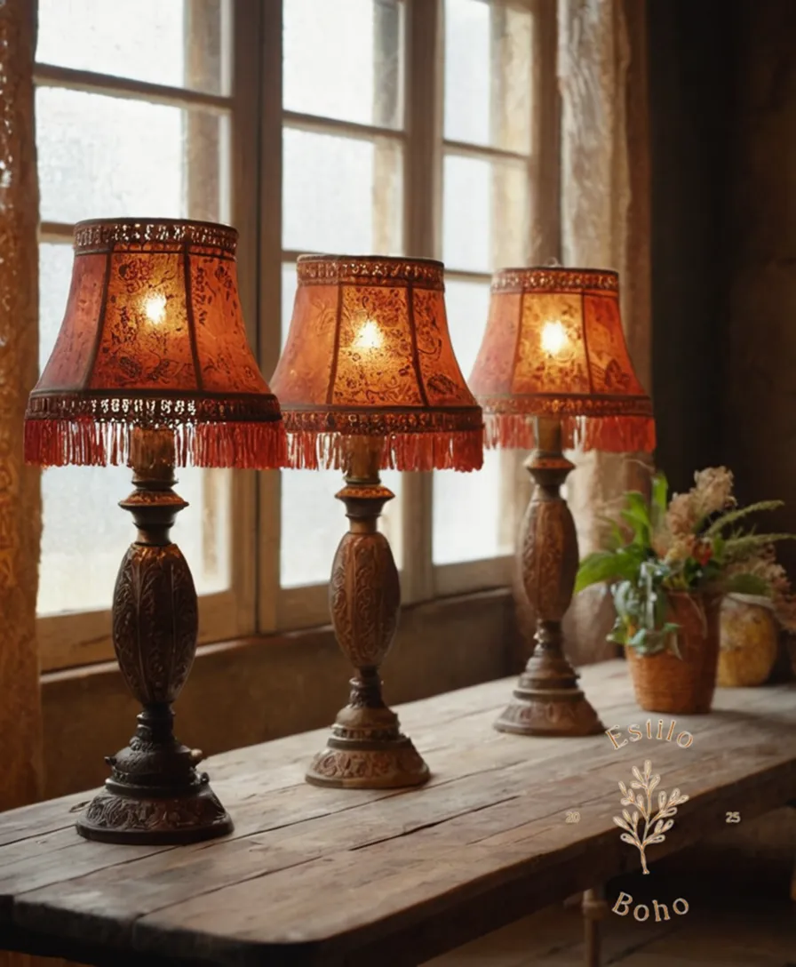 2-3 bohemian lamps on a worn, vintage table.