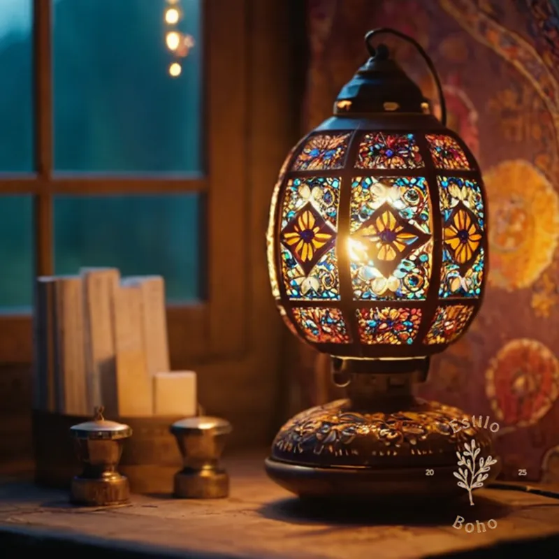 A bohemian lamp with lights glowing, next to a repair kit.