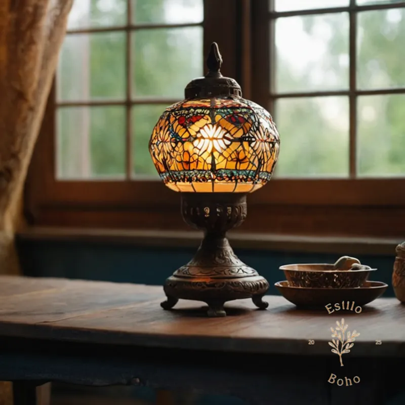 A bohemian lamp on a table, with parts to repair it nearby.