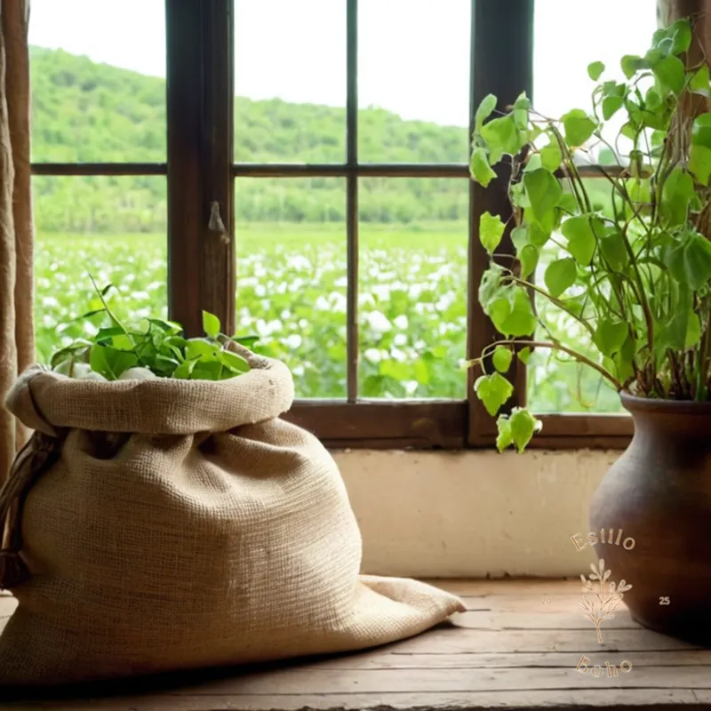 A burlap sack filled with lush green cotton plants.