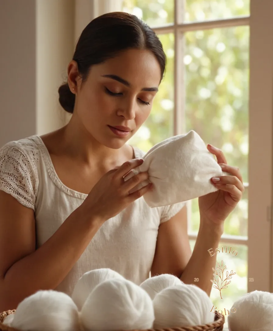 A serene, glowing Latina woman touching organic cotton products.