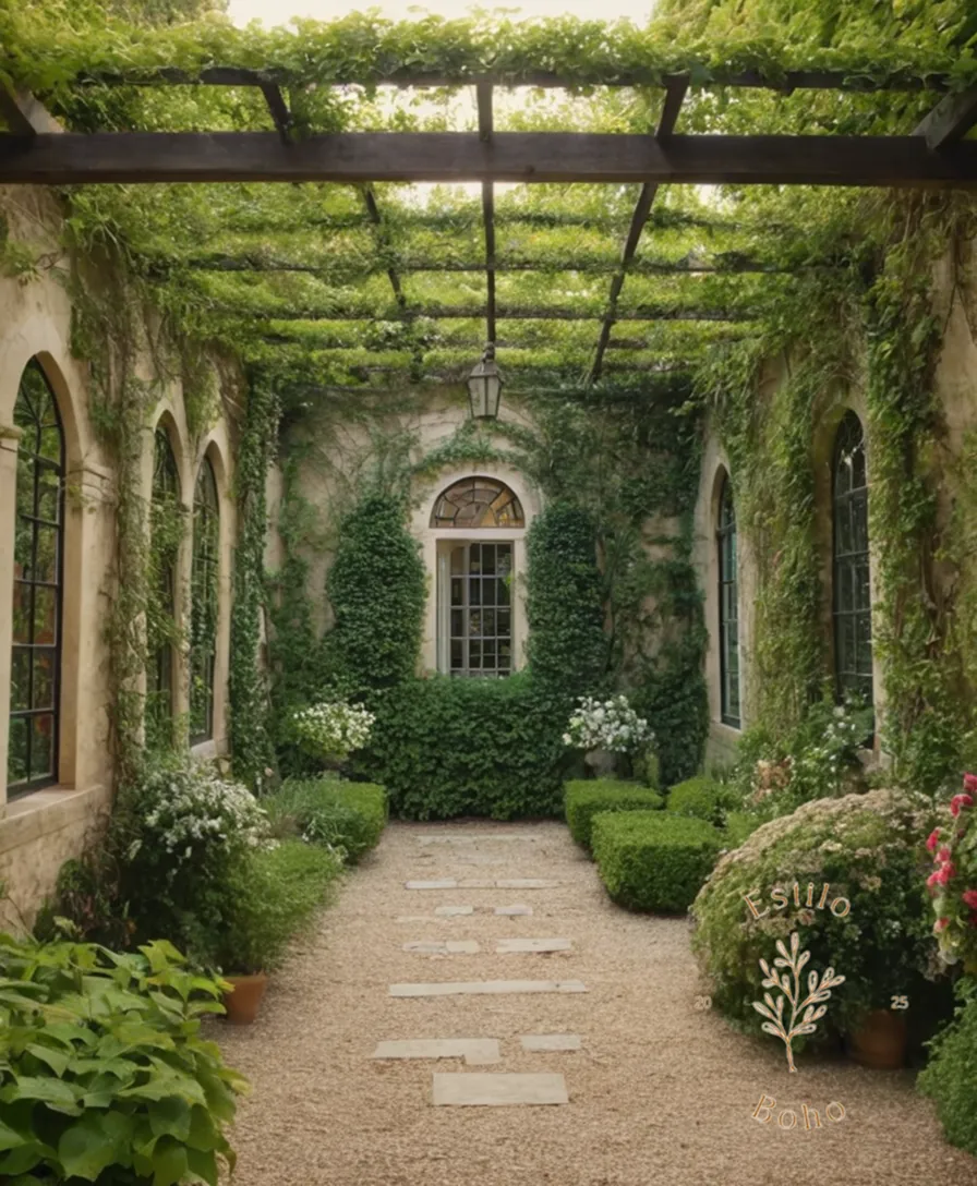 A lush, whimsical garden filled with thriving trellises and vines.