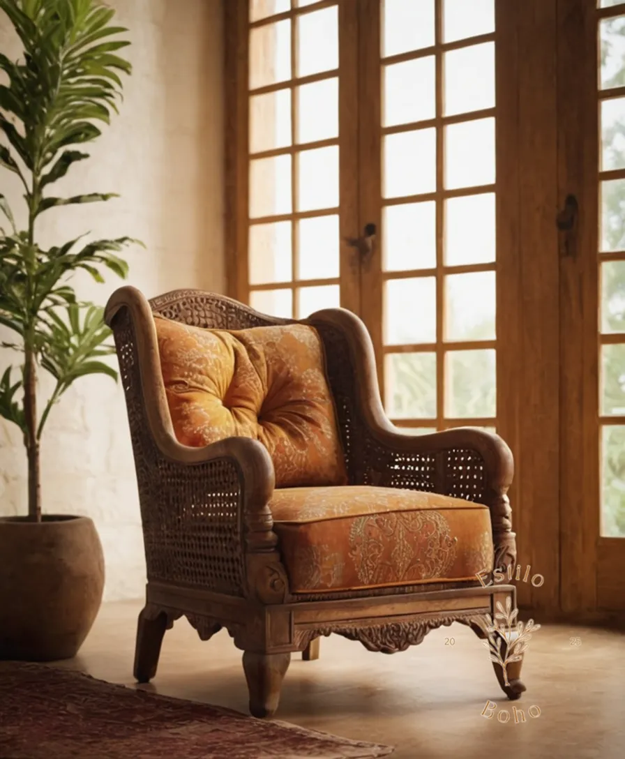 A bohemian armchair made from mango wood.