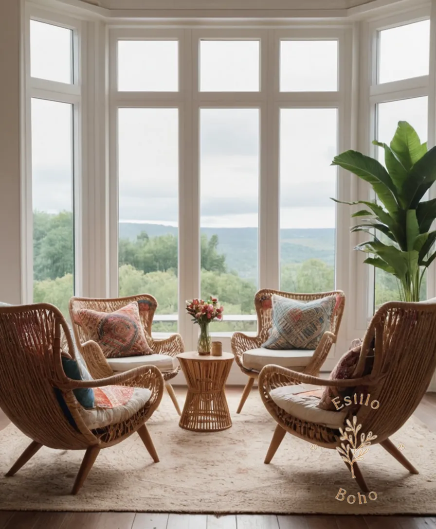 A serene, stylish living room with Boho-style chairs.