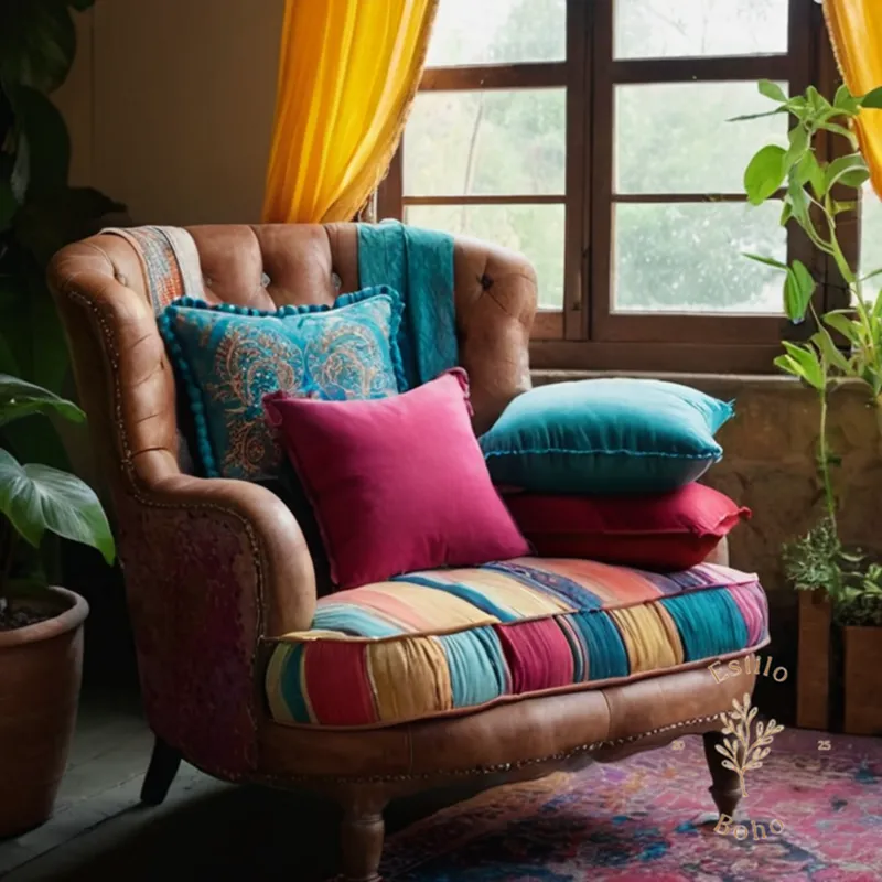 4-6 colorful bohemian-style pillows arranged on an eclectic armchair.