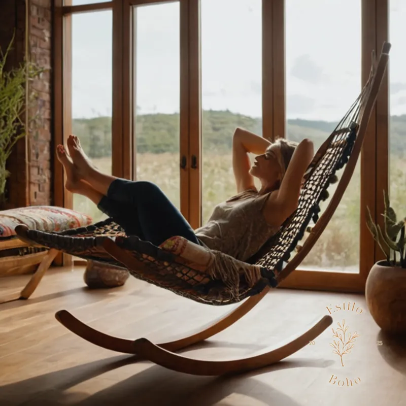 A person relaxing in an ergonomic boho chair.