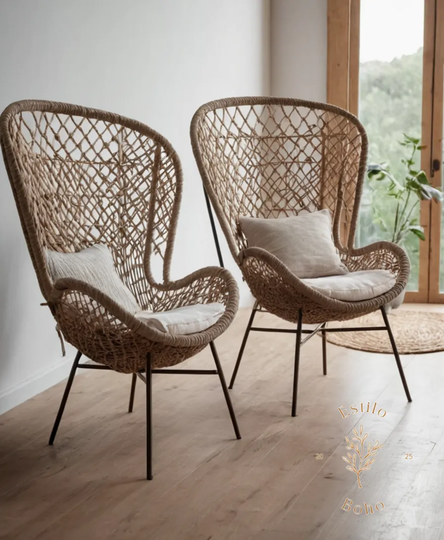 2 stylish boho chairs combining metal and rope.