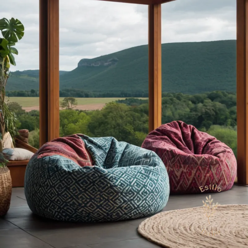 2 stylish boho-style bean bags on a scenic outdoor setting.