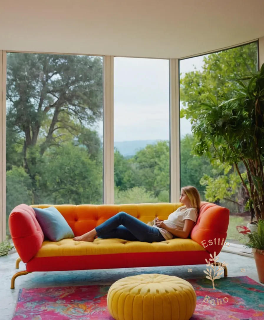 A person lounging on a colorful outdoor sofa.