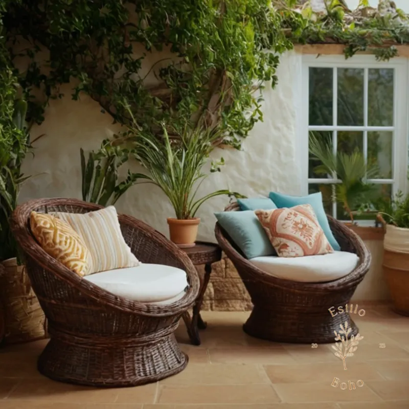 bohemian wicker armchairs in a Mediterranean-inspired outdoor setting.