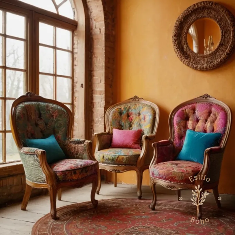 2-3 bohemian vintage chairs against a colorful, eclectic background.