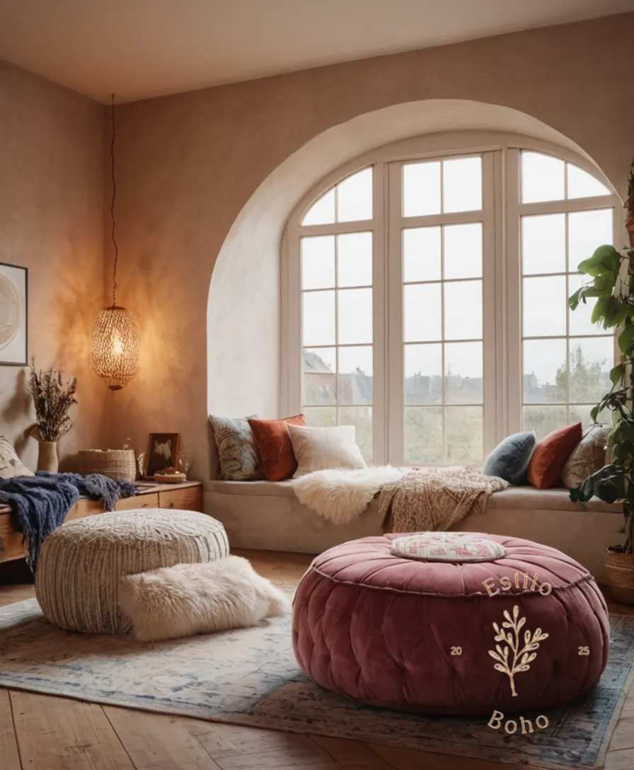 A cozy bohemian-inspired room with a plush pouf.