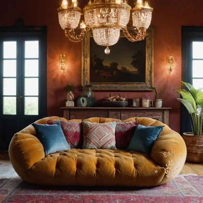 A cozy, stylishly decorated living room with a plush puff bohemian sofa.