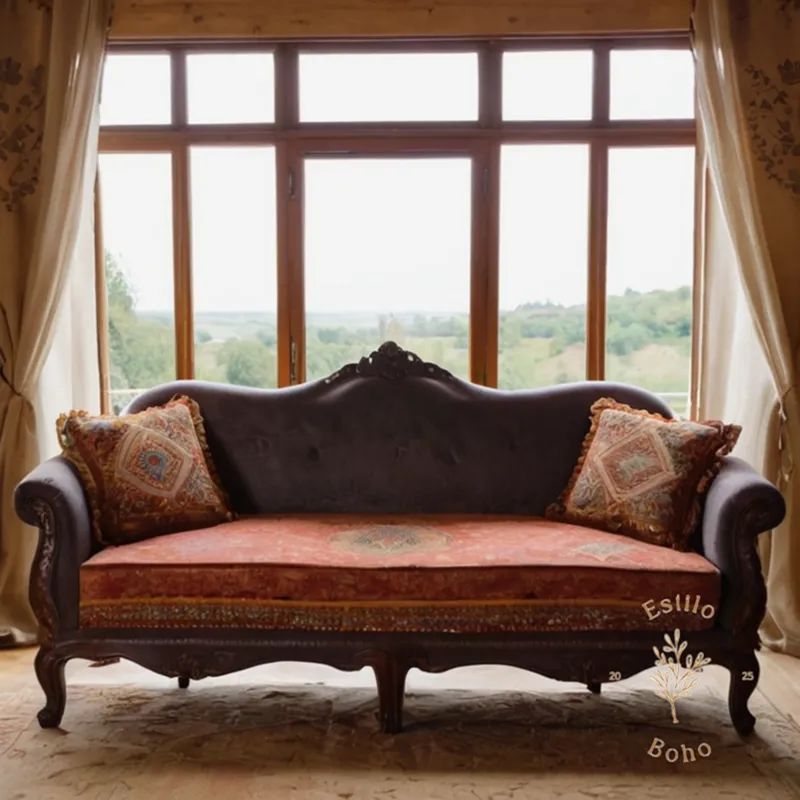 A bohemian-style sofa with a calm, serene background setting.