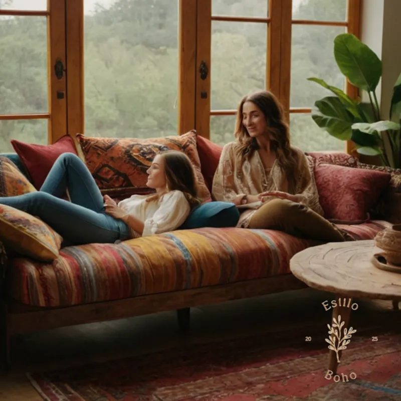 2 stylish people lounging on a boho-inspired sofa.