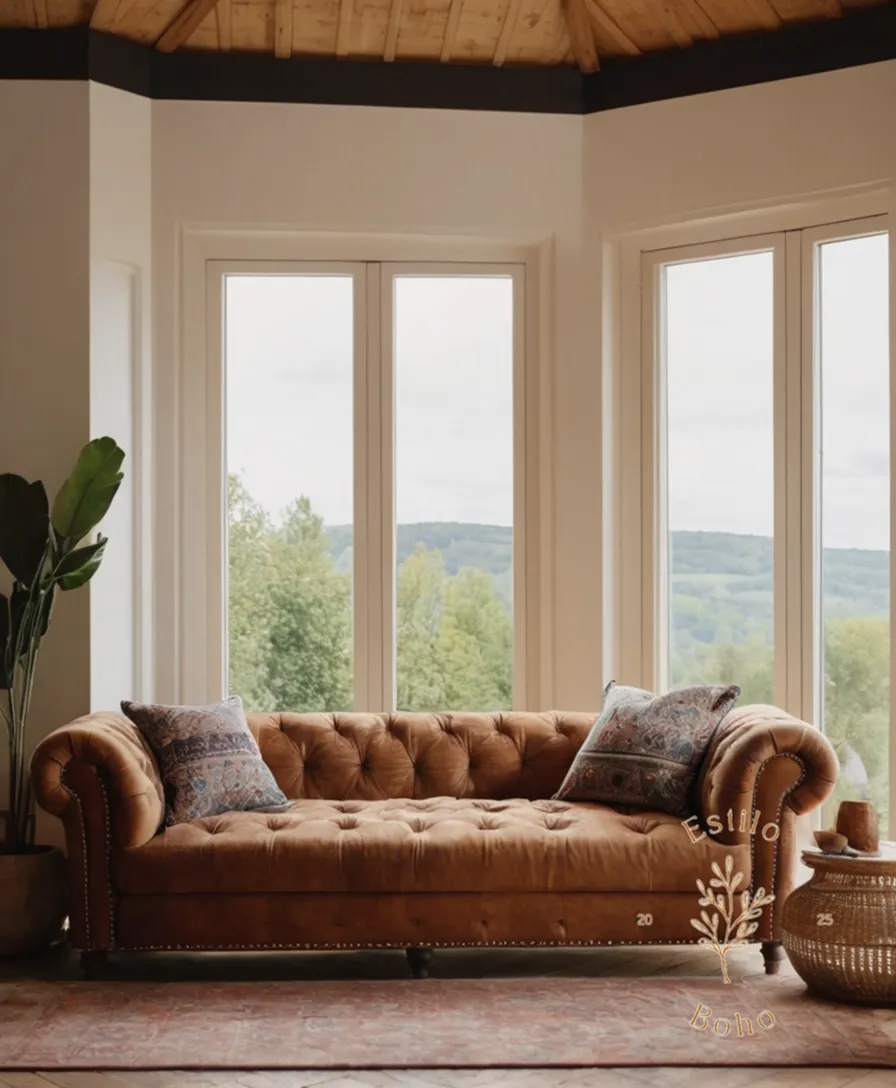 A stylish, modern bohemian sofa in a cozy room.
