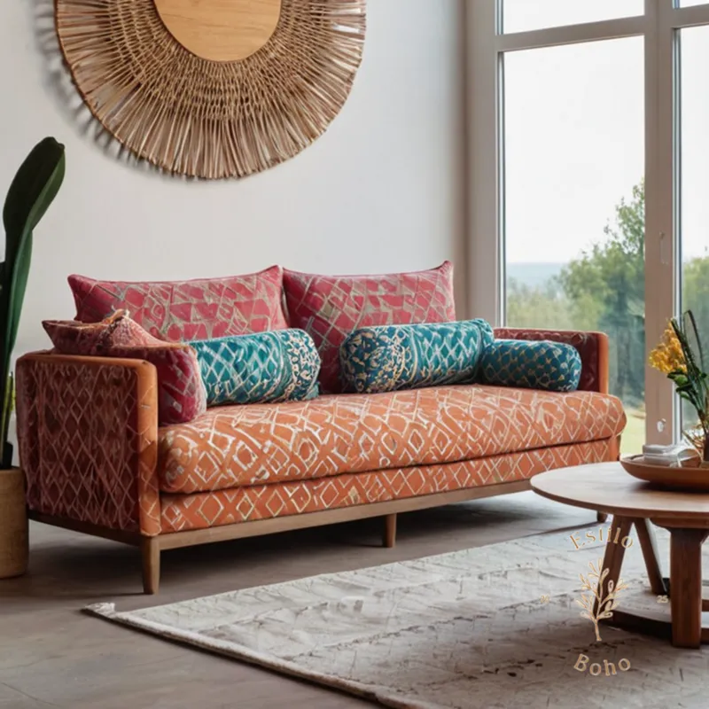 3 stylish boho sofas with modern geometric print upholstery.