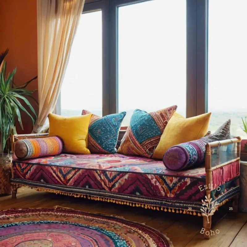 A stylish boho sofa with colorful textiles and geometric patterns.