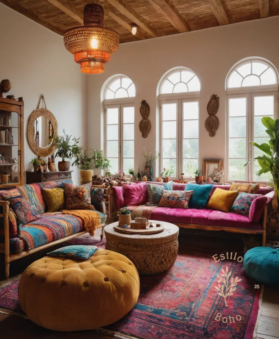 A bohemian living room with colorful, eclectic furniture pieces.