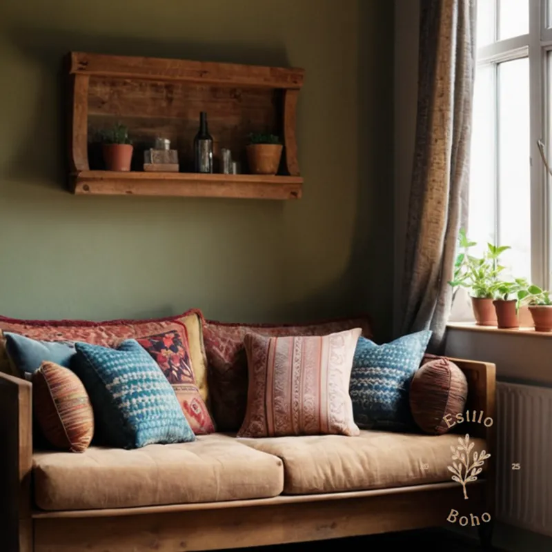 A bohemian-style sofa in a cozy, small space setup.