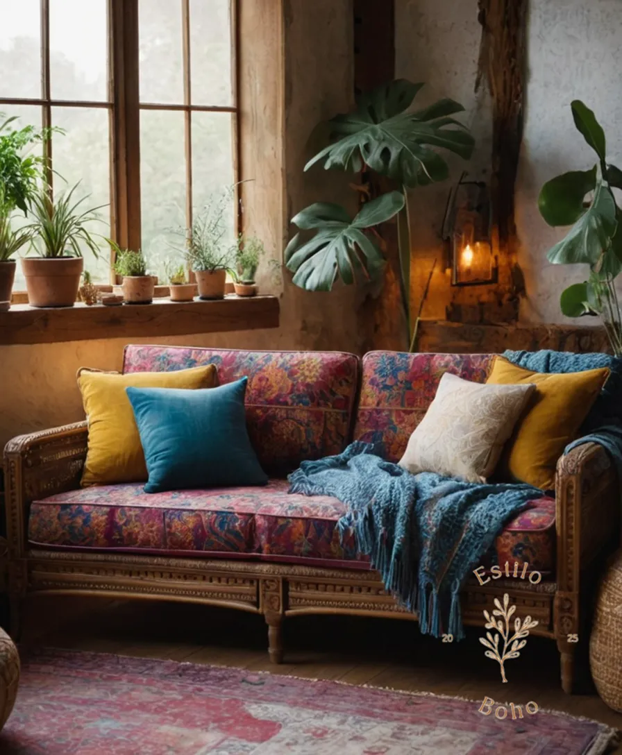 A stylish bohemian sofa in a cozy living space.