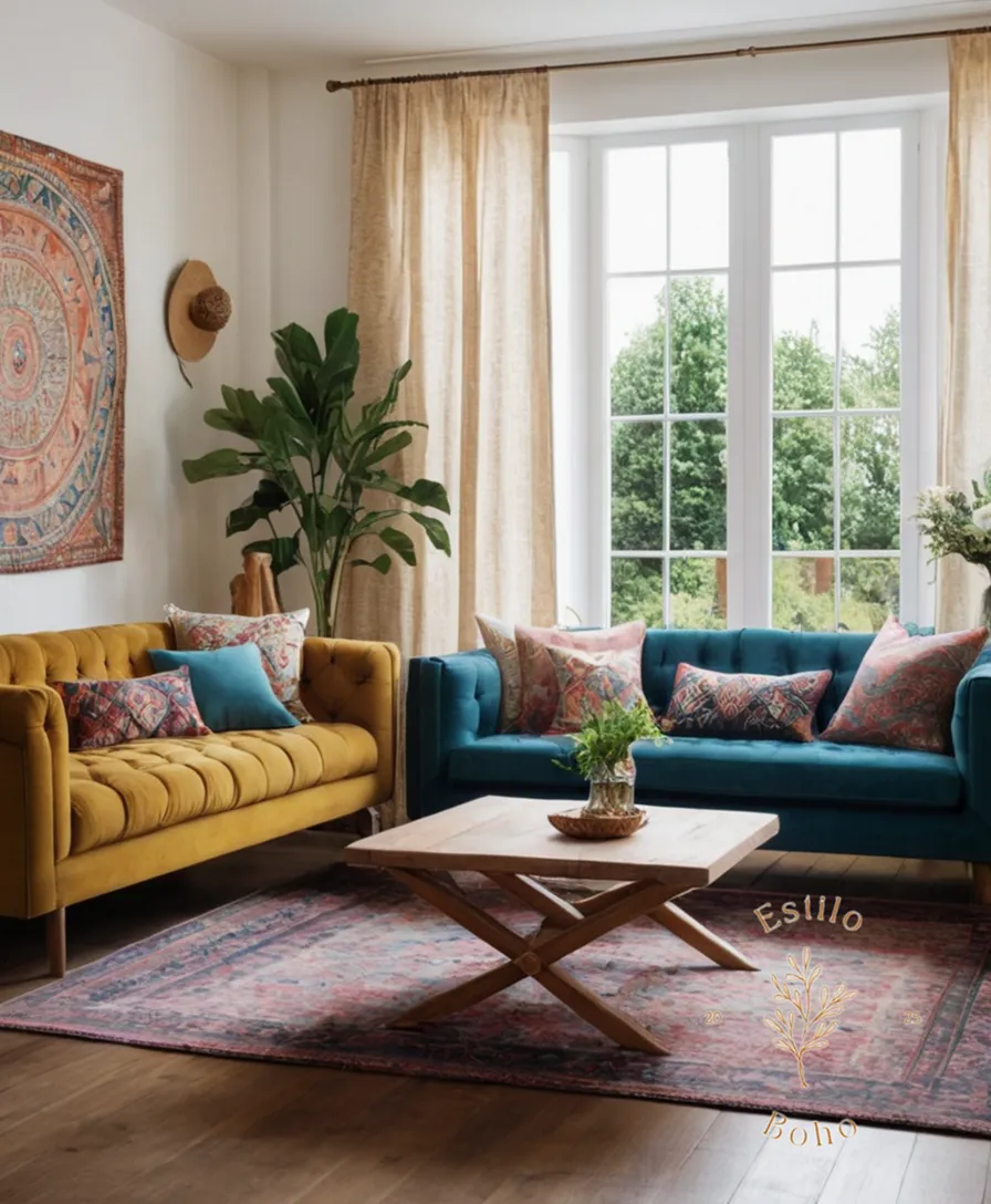 2-3 stylish boho-inspired sofas amidst eclectic room decor settings.