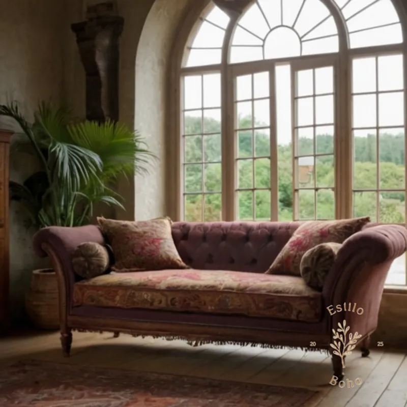 A small room with a bohemian-style sofa in it.