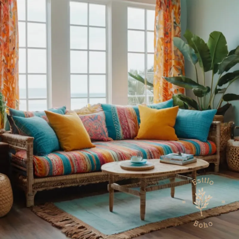 A colorful, beachy living room with a boho-style sofa.