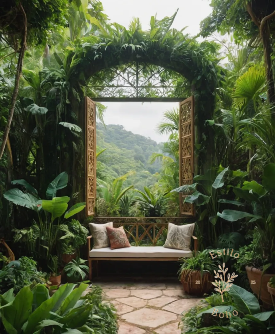 A lush, bohemian jungle garden with trellises and lush greenery.