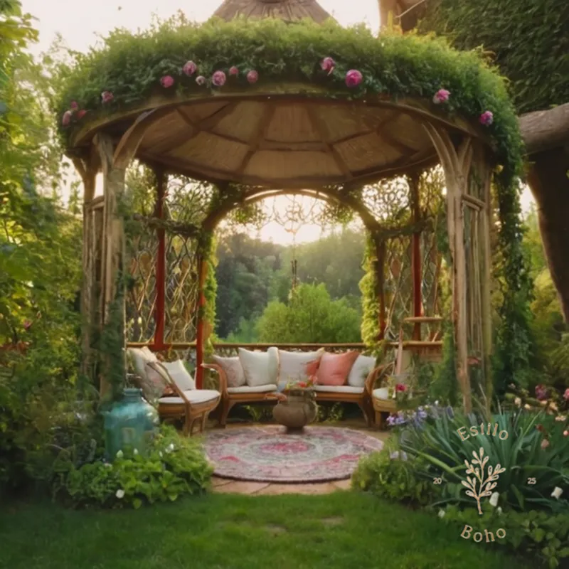A charming bohemian garden with glicina twirling around a whimsical support.
