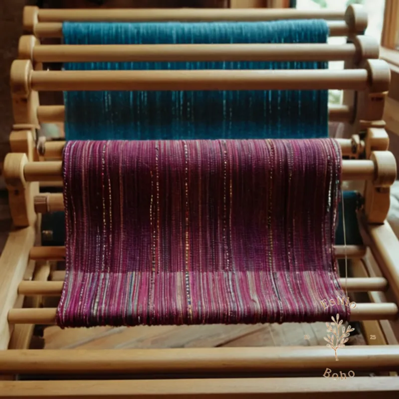 BoHo fabric swatches and threads on a handmade wooden loom.