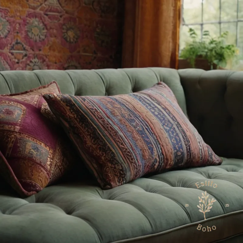 Organic cotton textiles in bohemian-inspired upholstery arrangement examples.