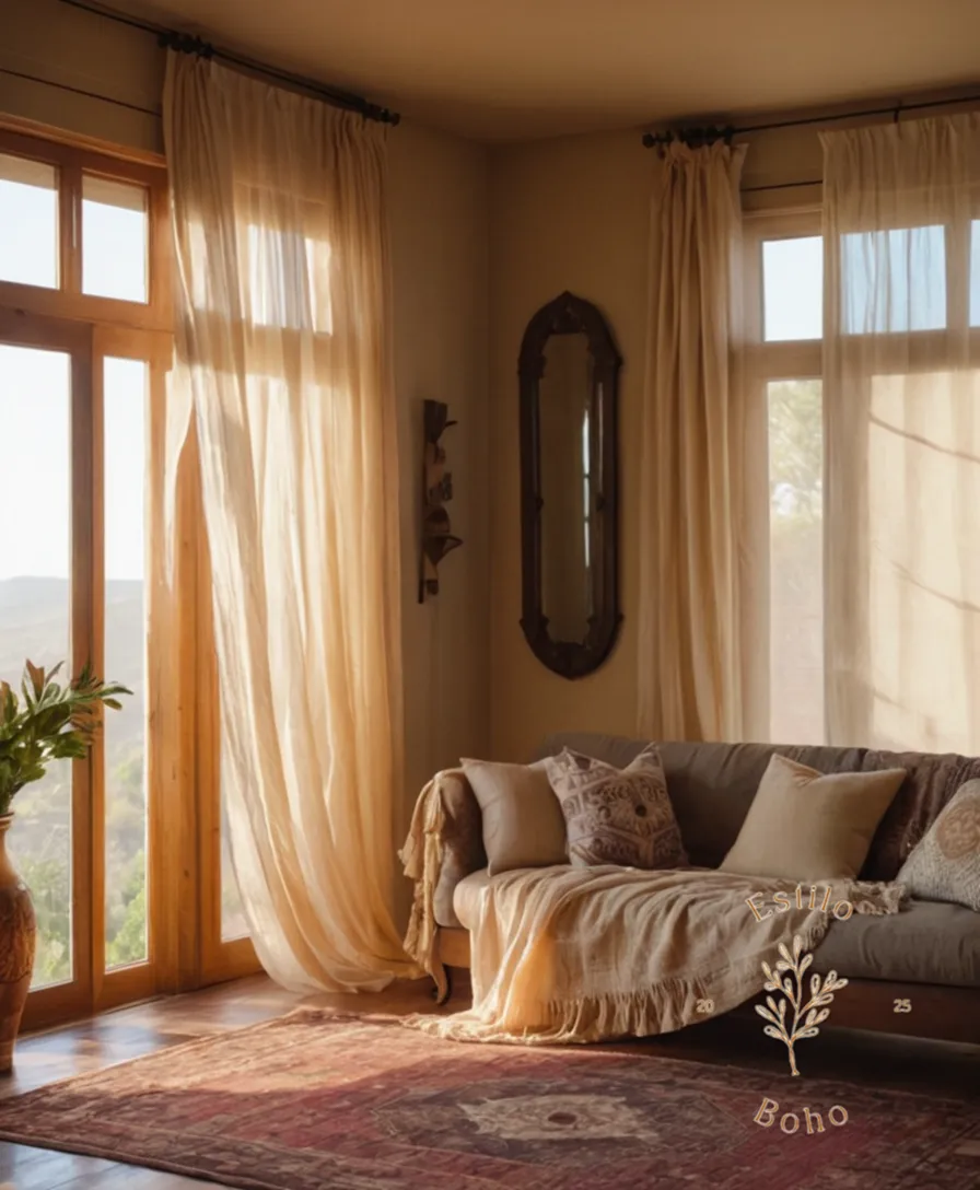 A soft-blown drapery over a bohemian living space decor.