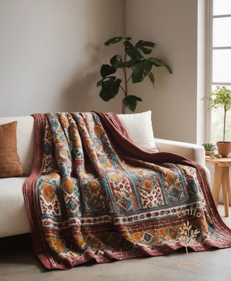 A bohemian-style blanket made from sustainable organic cotton fabric.