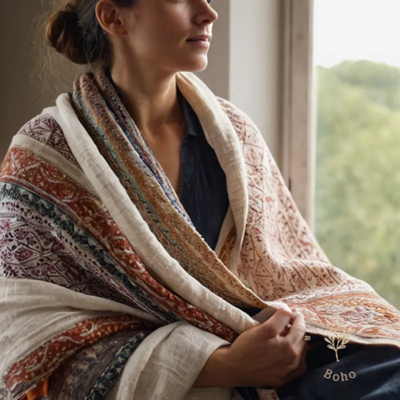 A relaxed person gently holding a clean, soft bohemian cotton throw.