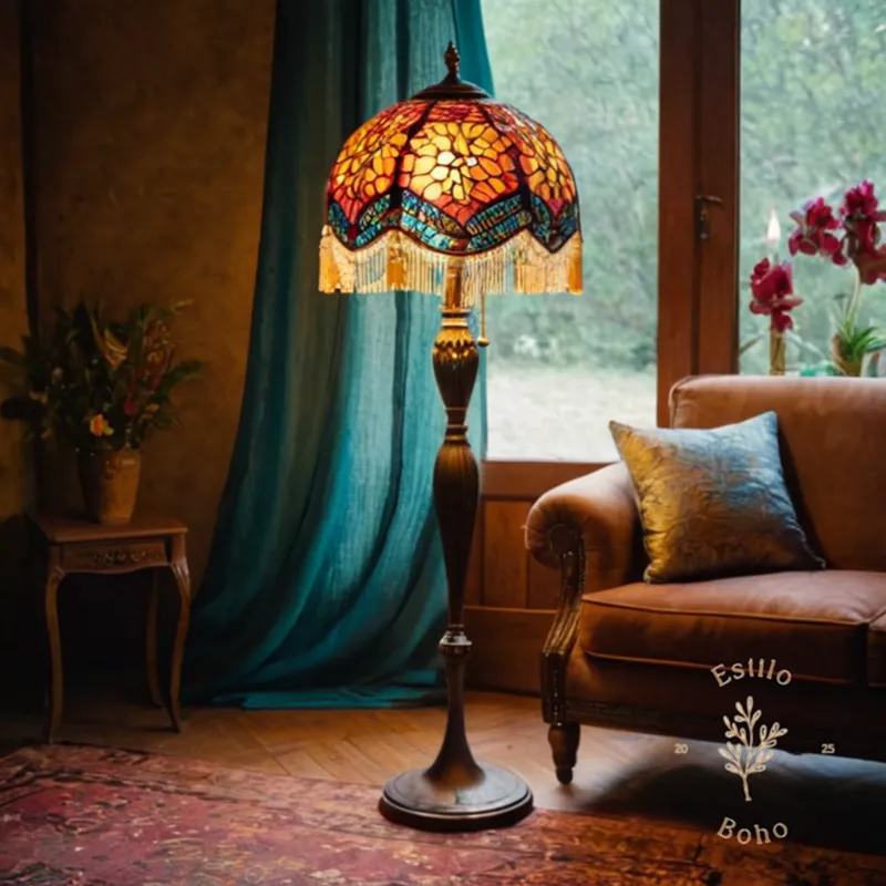 A bohemian-style floor lamp with decorative light shade.