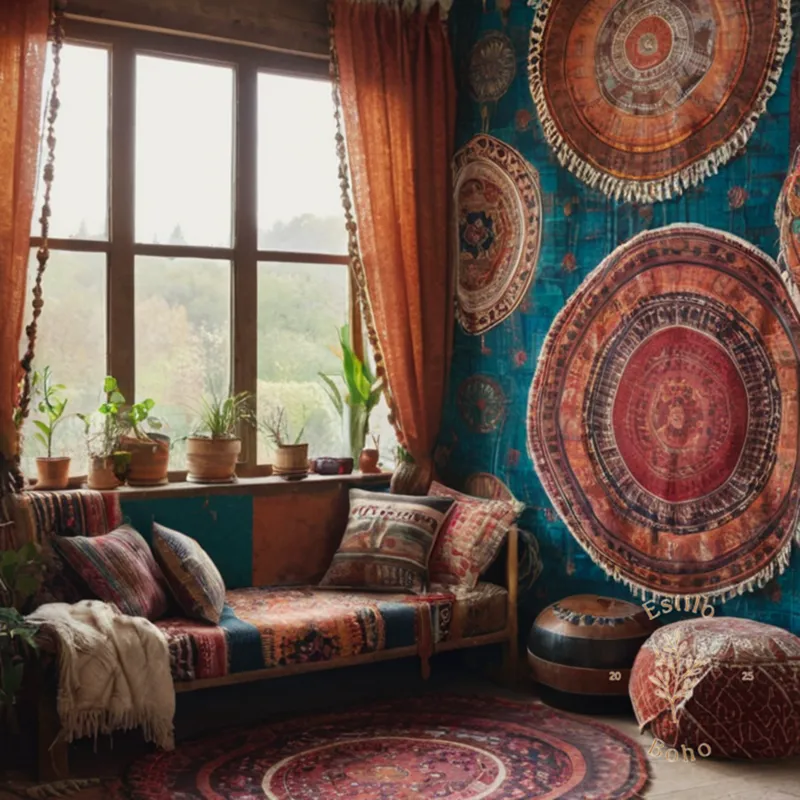 6 eclectic textiles combined on a bohemian-inspired wall decor.