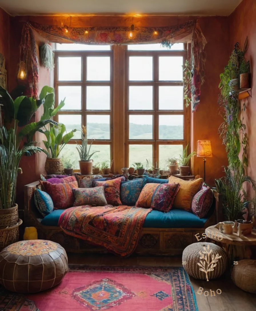 Vibrant textiles and eclectic decorating elements in a bohemian setting.