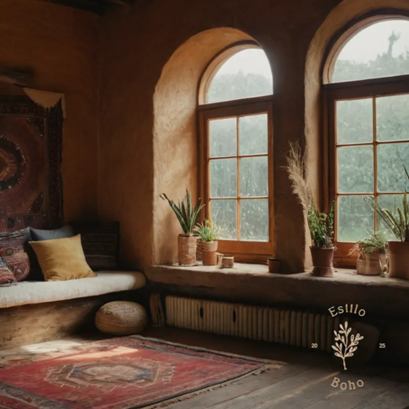 A bohemian-inspired space with mixed smooth and rough textures.