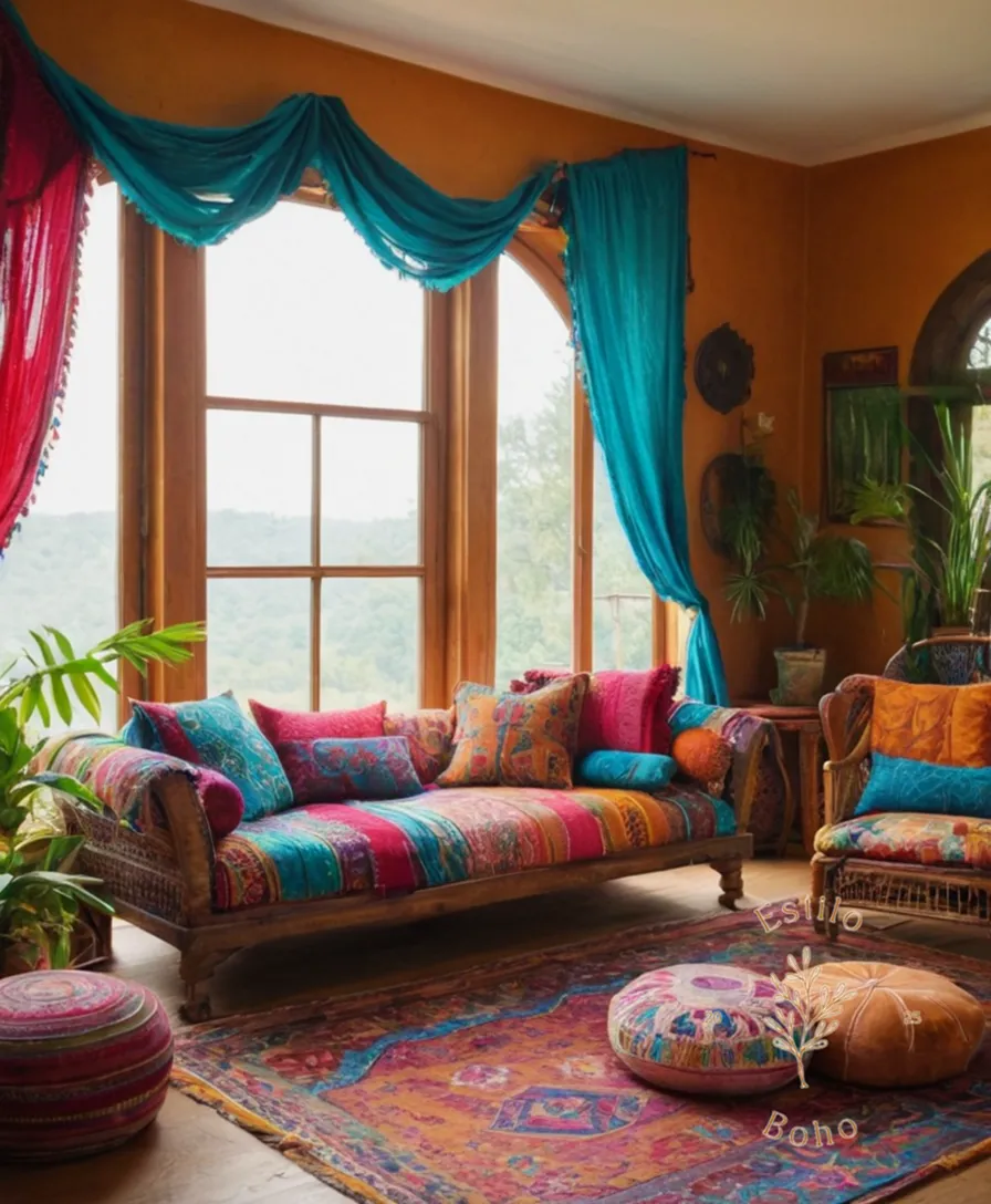 A bohemian living room with layered, colorful textiles.