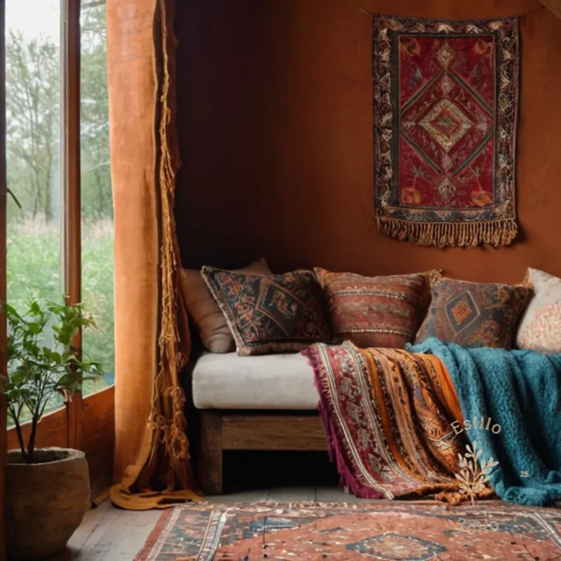 bohemian-inspired textures, fabrics, and decorative elements in harmonious arrangement.