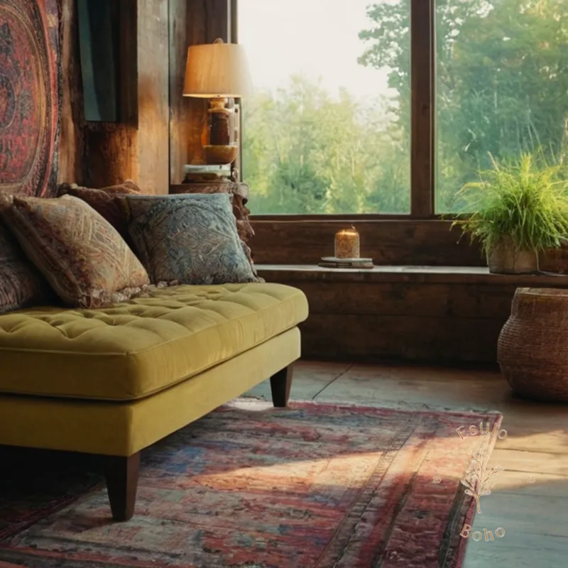A mix of bohemian and synthetic textures on furniture.