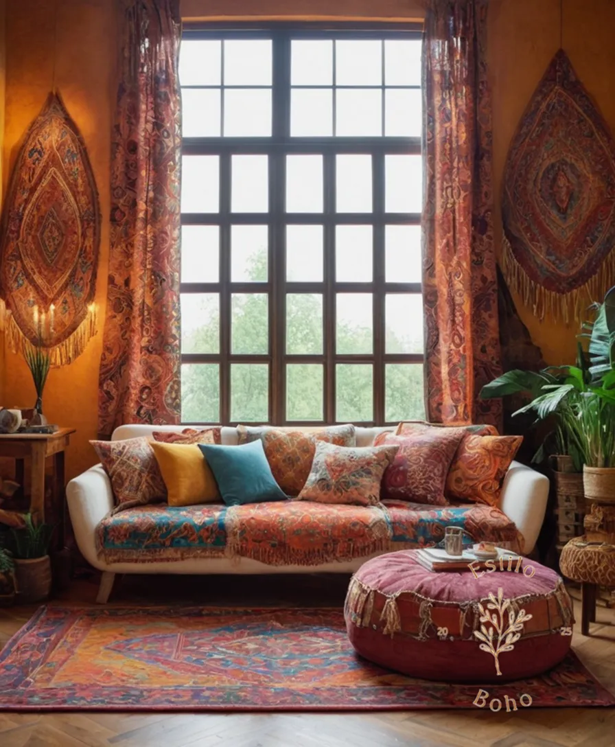 A bohemian-themed living room with eclectic textile patterns.
