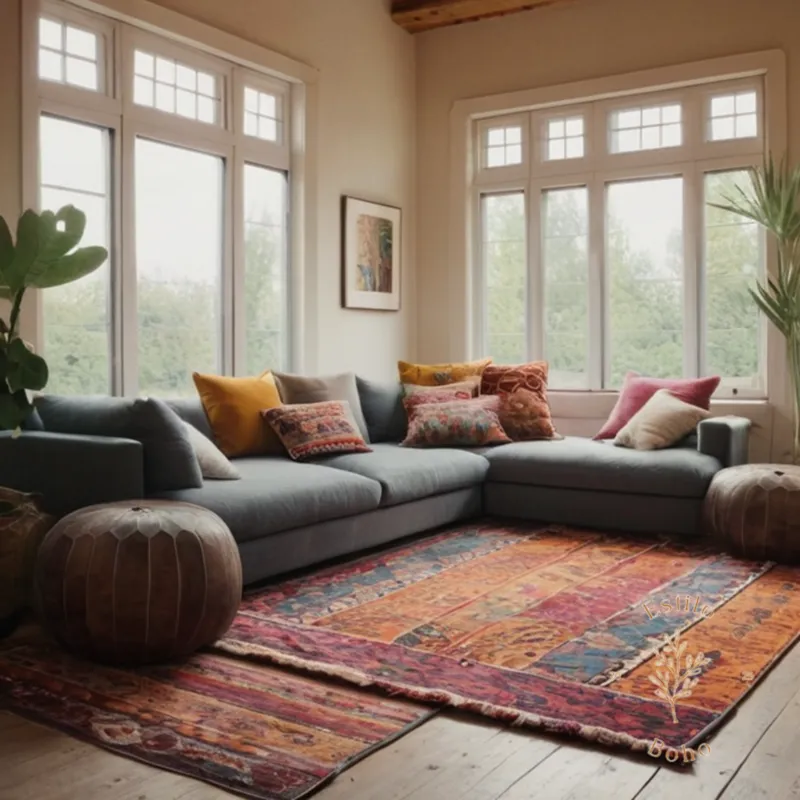 A bohemian-inspired living room with various colorful patterned rugs together.