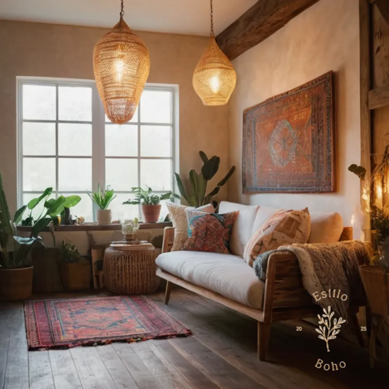 A relaxed bohemian space featuring unique lighting fixtures and textures.
